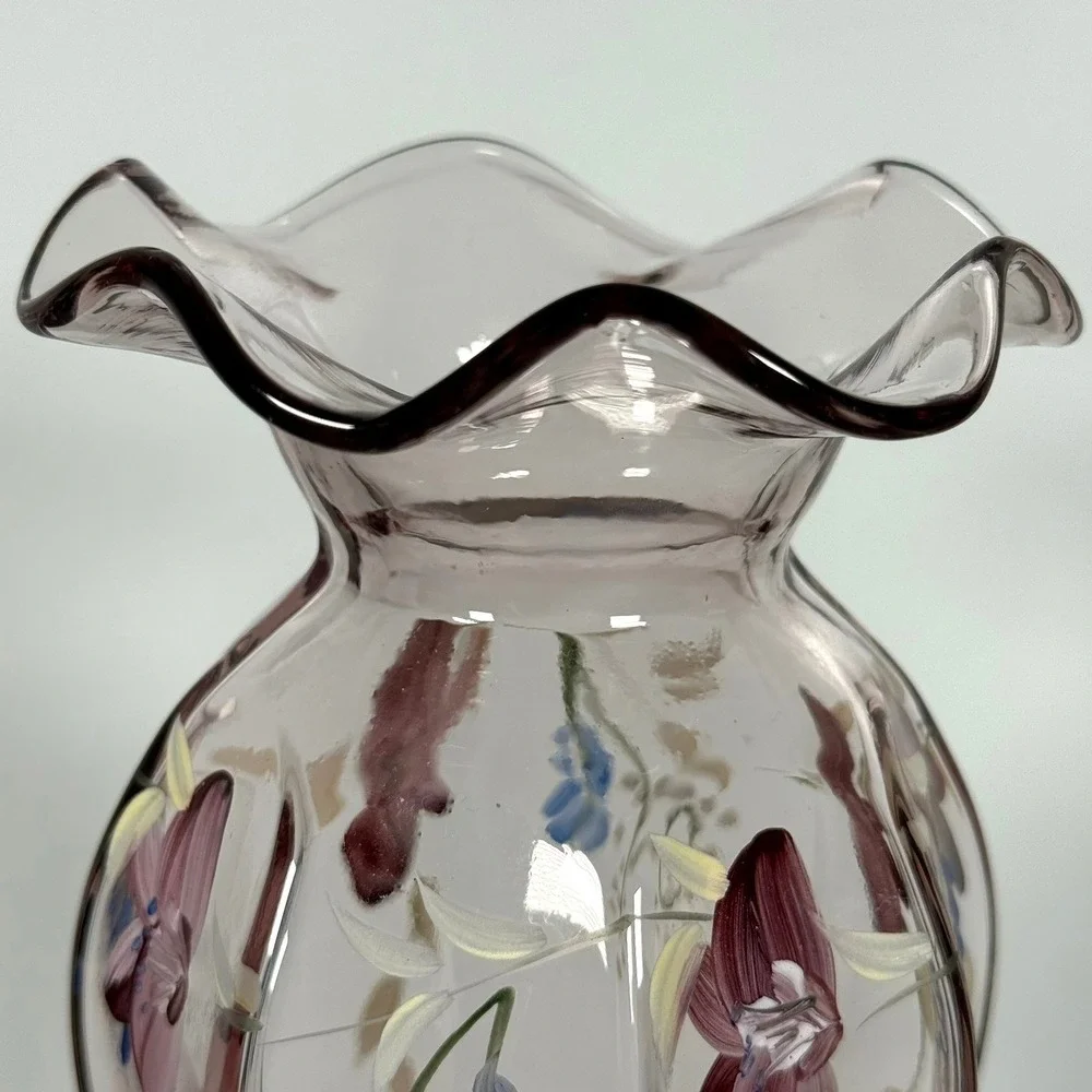 Fenton Amethyst Glass Floral Vase Hand Painted Ruffled Rim 9